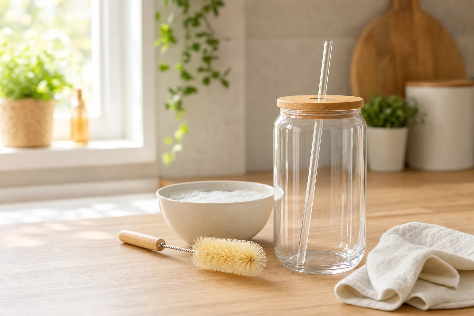 Clear glass tumbler with bamboo lid, straw, cleaning brush and soft cloth on a sunny kitchen counter