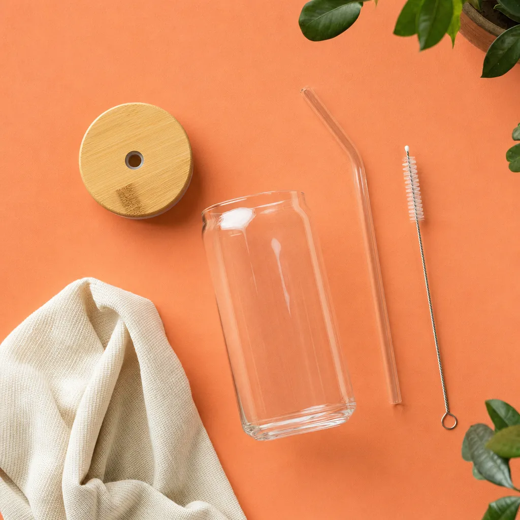 Clear glass tumbler, bamboo lid, straw, cloth and cleaning brush arranged on a coral surface