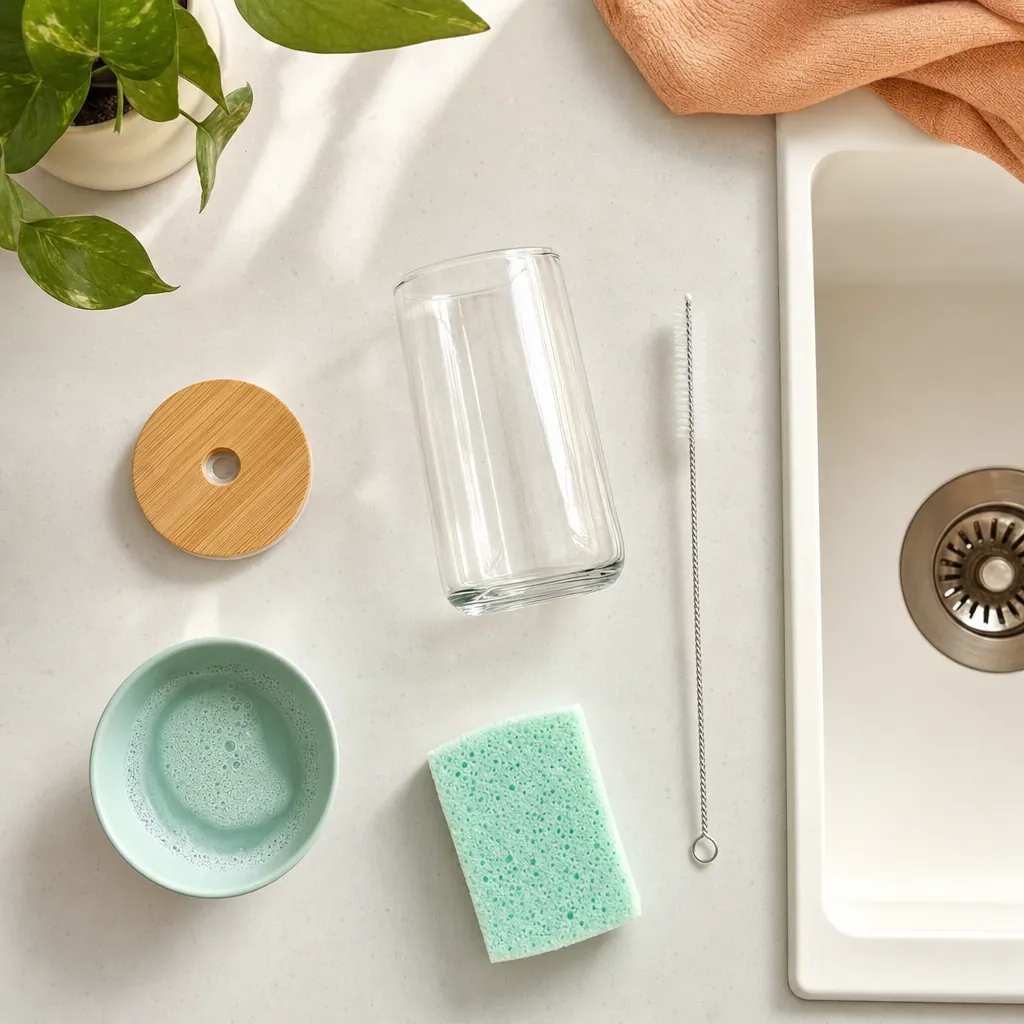 Glass tumbler, bamboo lid, bowl of soapy water, sponge and straw brush beside a kitchen sink
