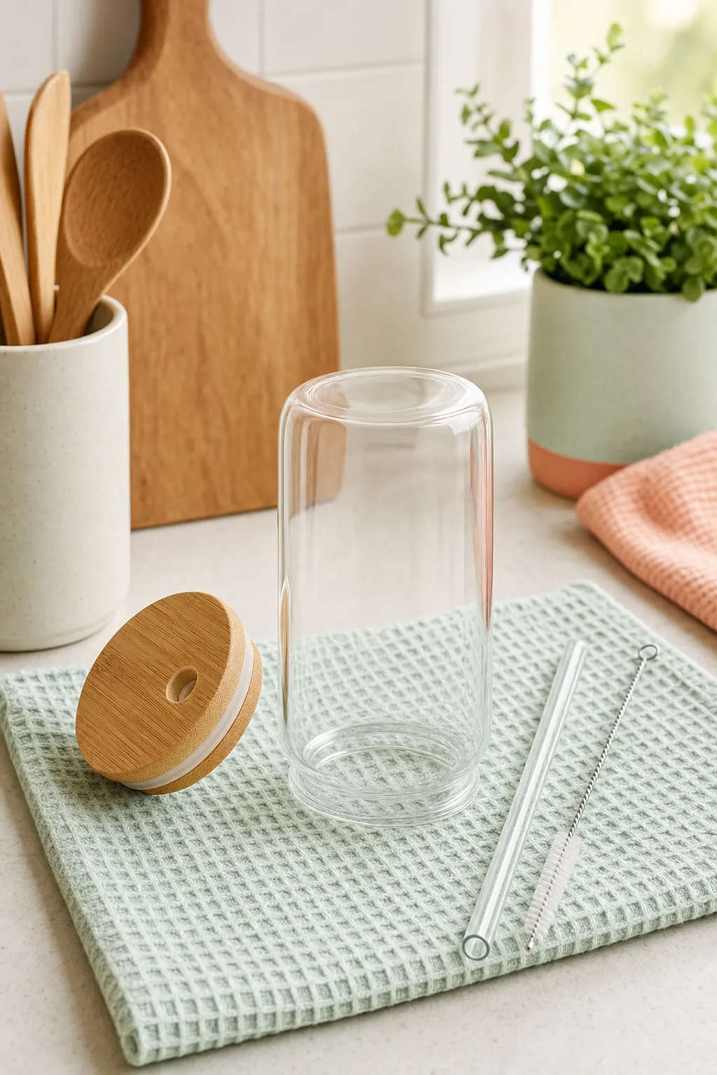 Clear glass tumbler drying upside down on a towel with its lid, straw and cleaning brush