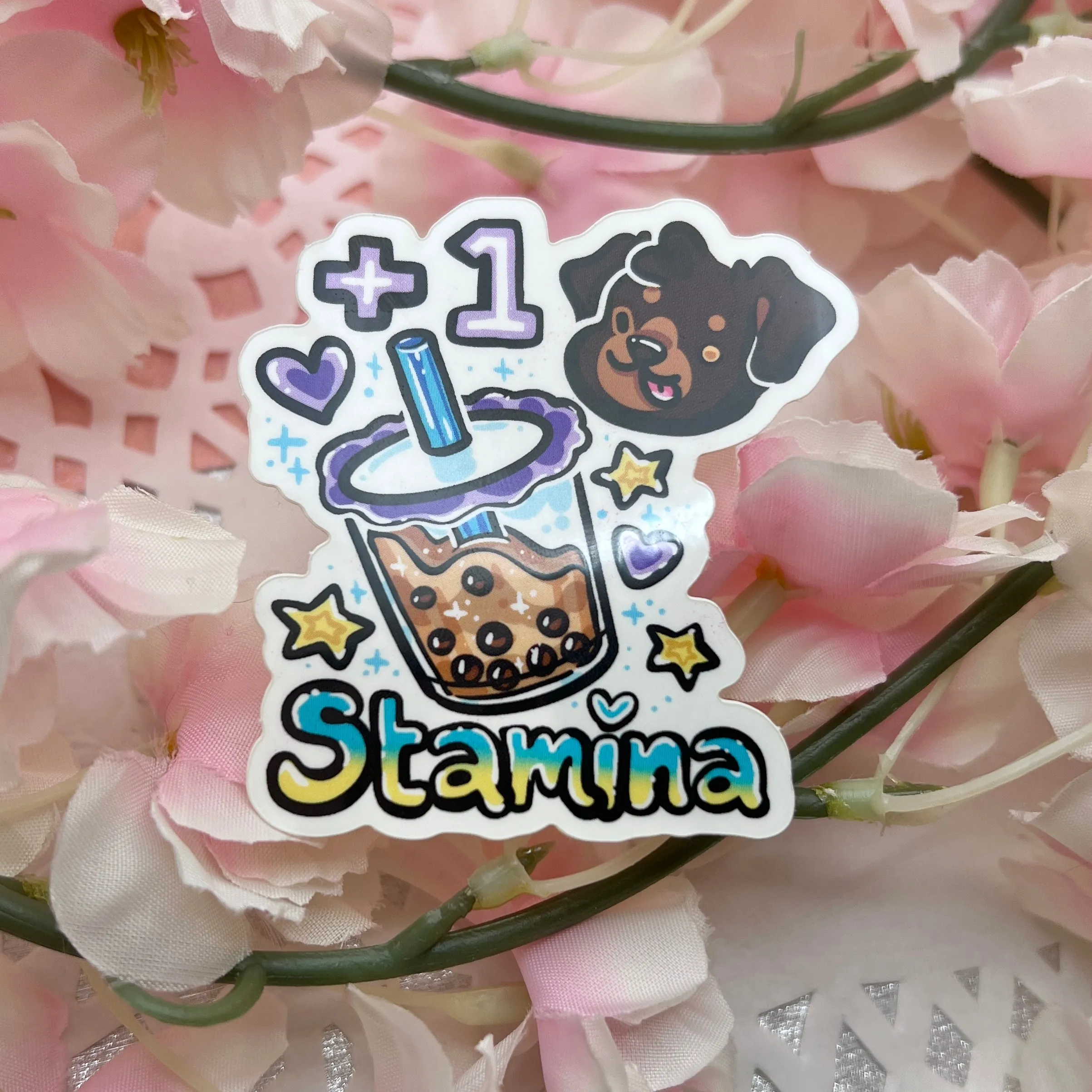 Boba puppy sticker photographed on a tabletop