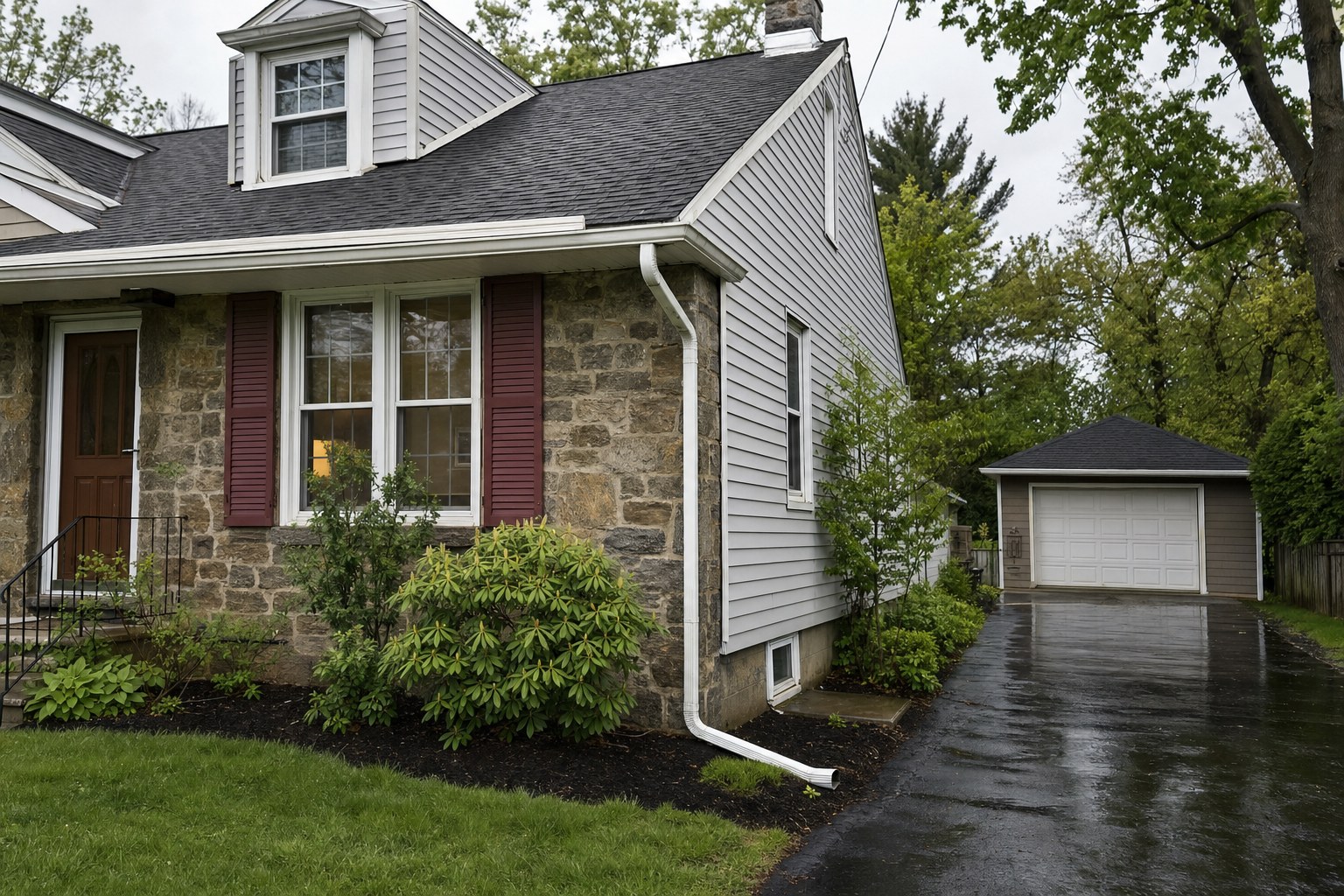 Older Pennsylvania home exterior with roof edge, gutter, downspout, and foundation landscaping