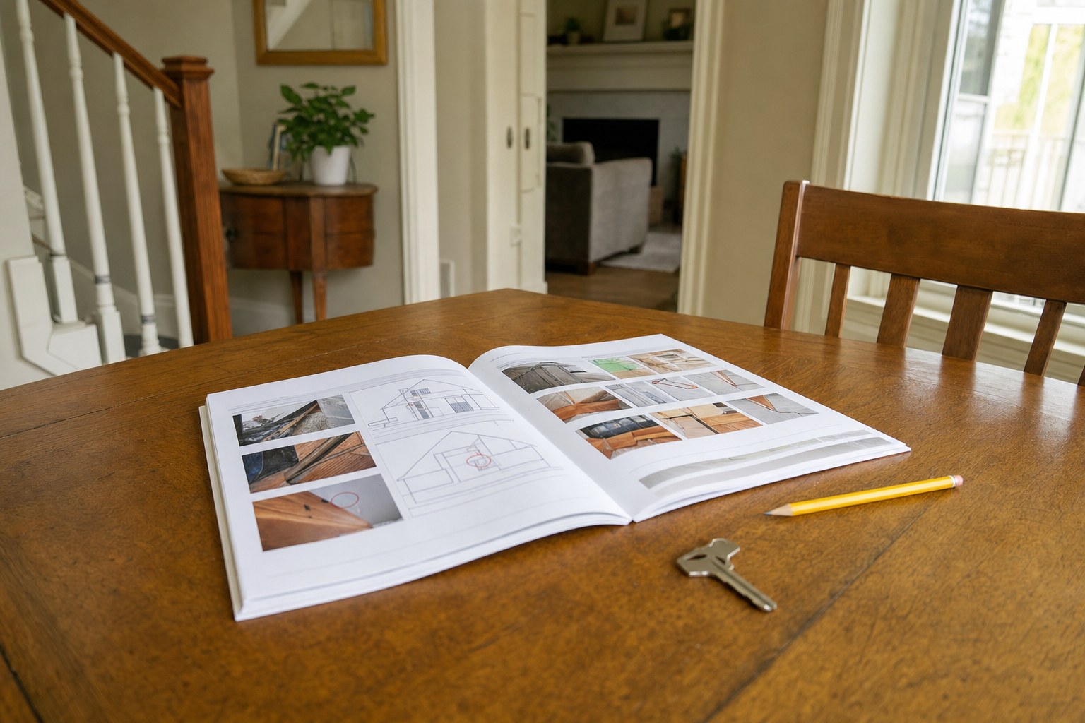 Home inspection report open on a wooden table beside a house key and pencil
