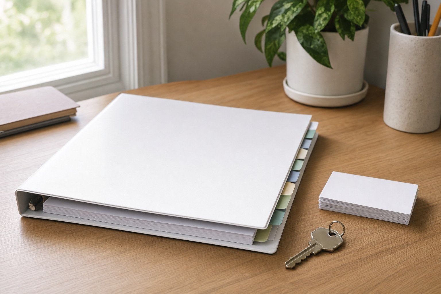 Organized household binder with tab dividers beside house keys on a desk