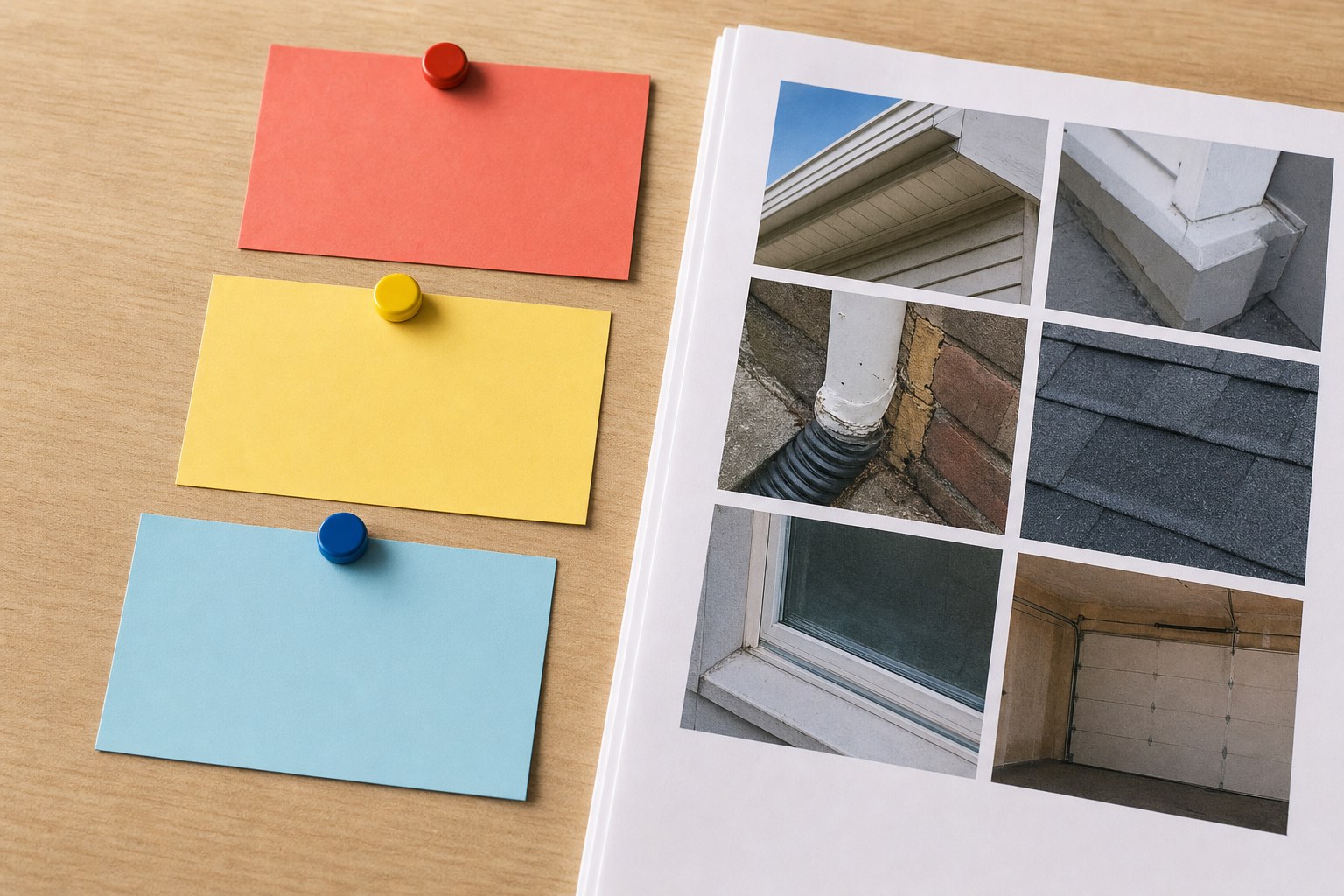 Blank colored note cards beside inspection photos for sorting follow-up priorities