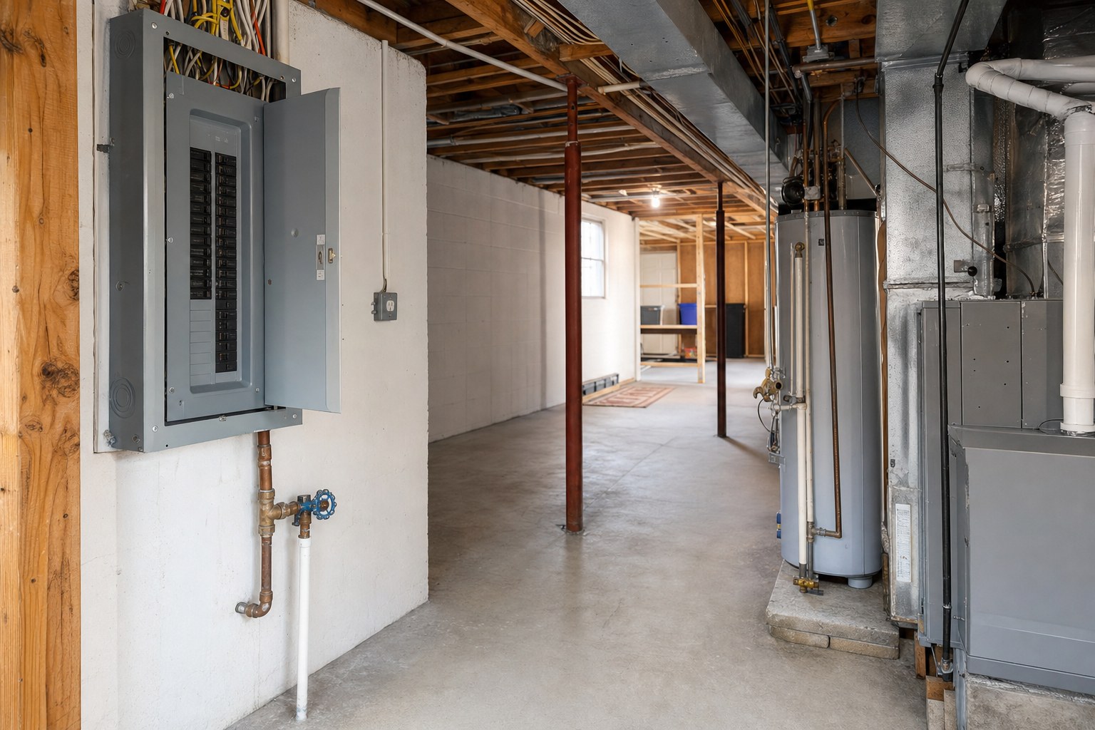 Accessible basement utility area with electrical panel, water shutoff, water heater, and heating equipment