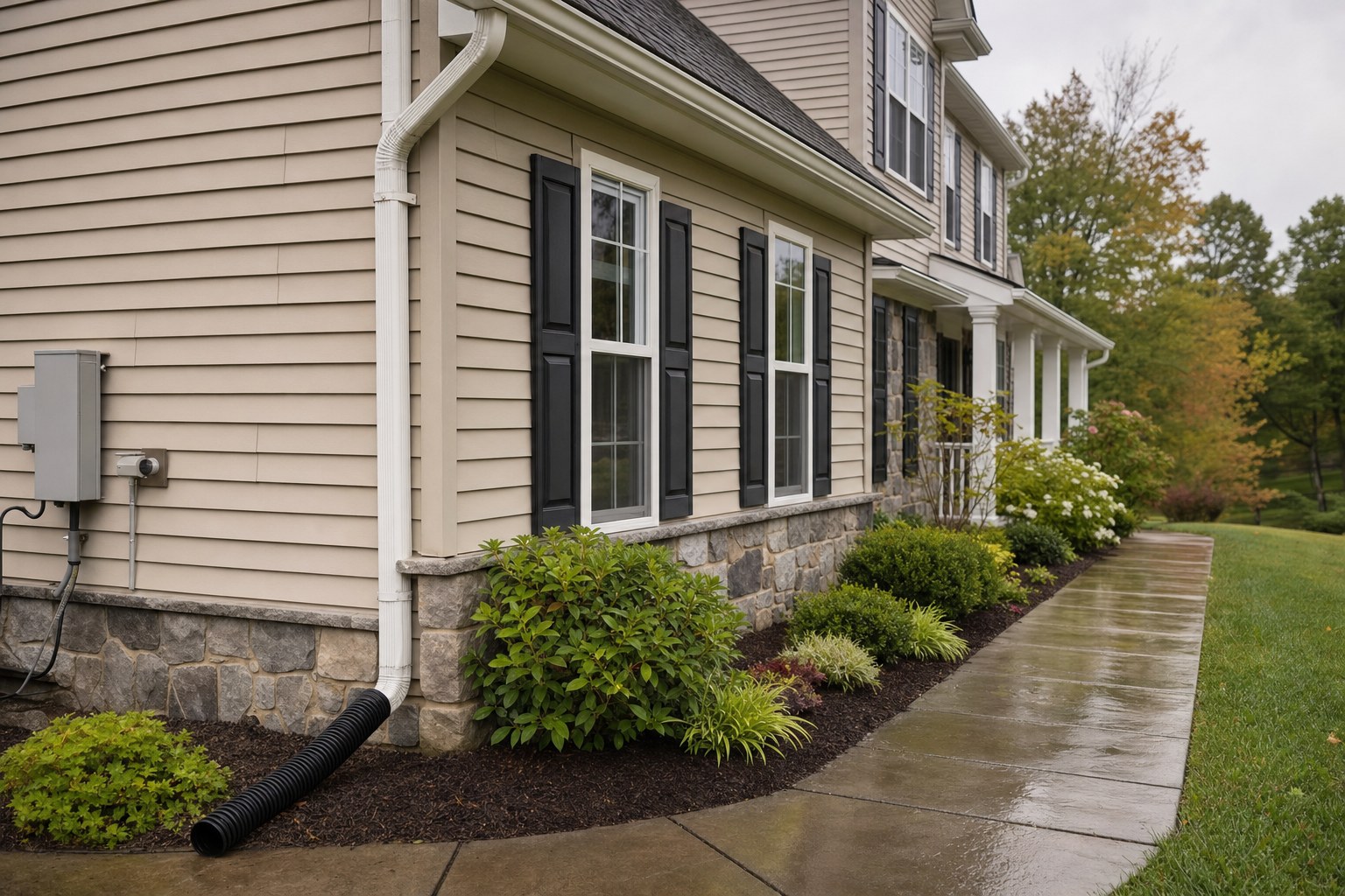 Home exterior with gutters, downspout extension, landscaping, and clear drainage path
