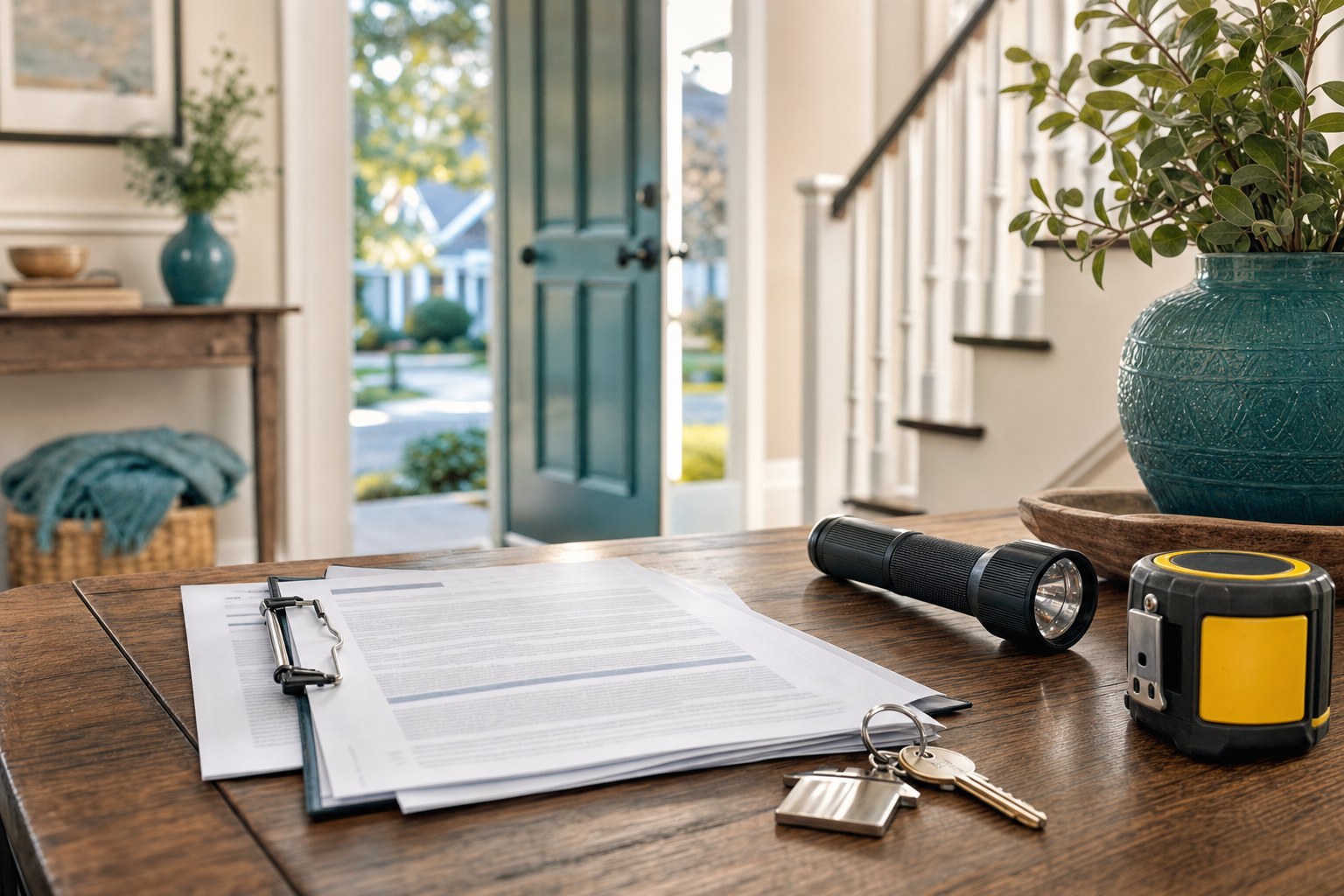 Inspection documents, flashlight, tape measure, and house keys arranged on an entry table