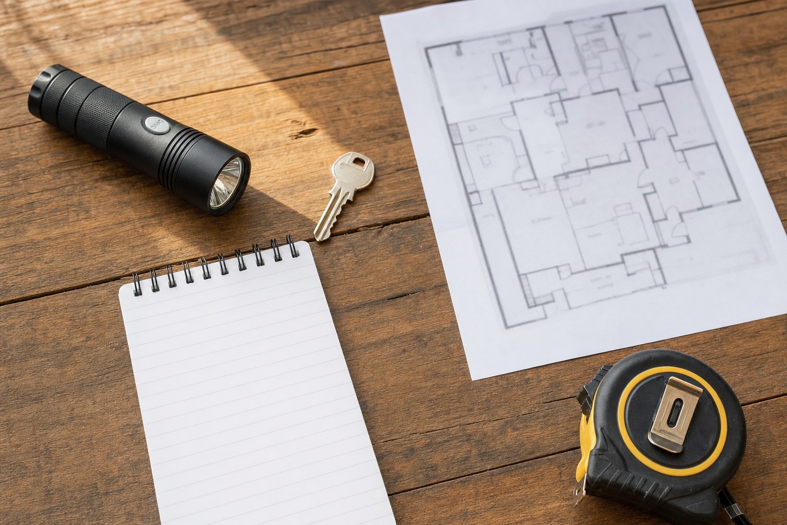 Blank inspection notes, house key, flashlight, tape measure, and an unreadable floor plan on a wooden table