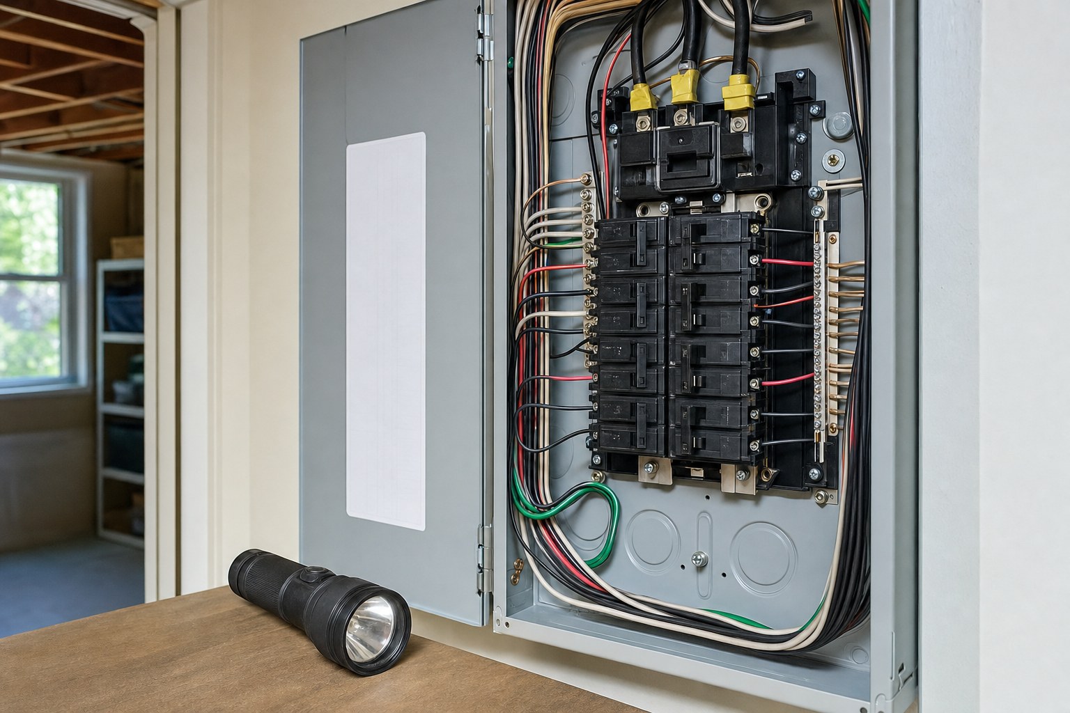 Open residential electrical panel with a flashlight nearby