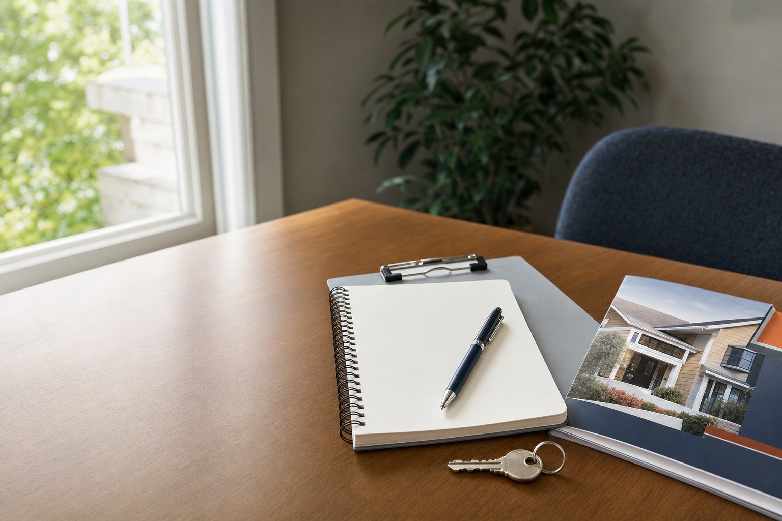Notebook, house key, and clipboard prepared for a home inspection