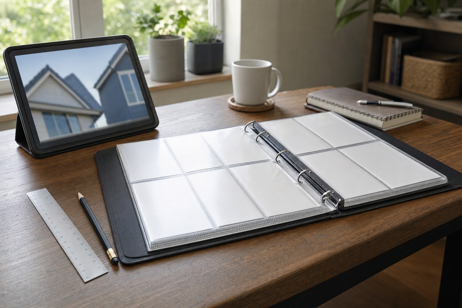 Homebuyer reviewing a photo documentation binder beside a tablet and notebook