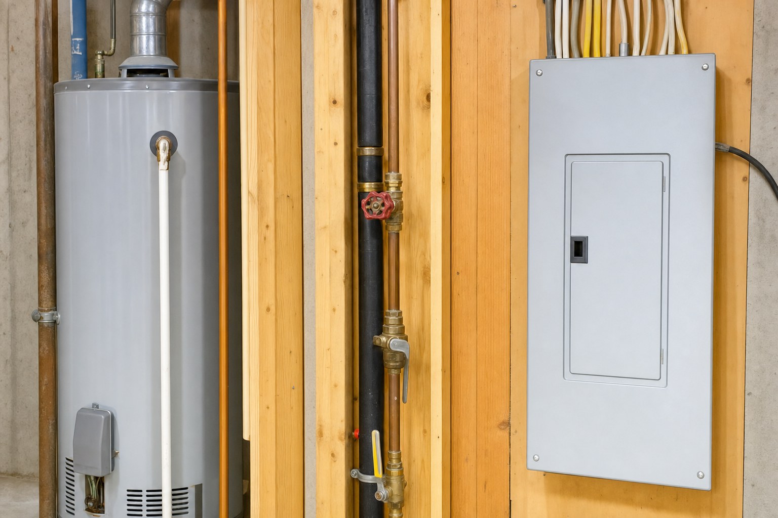 Water heater, shutoff piping, and electrical panel in a residential utility area