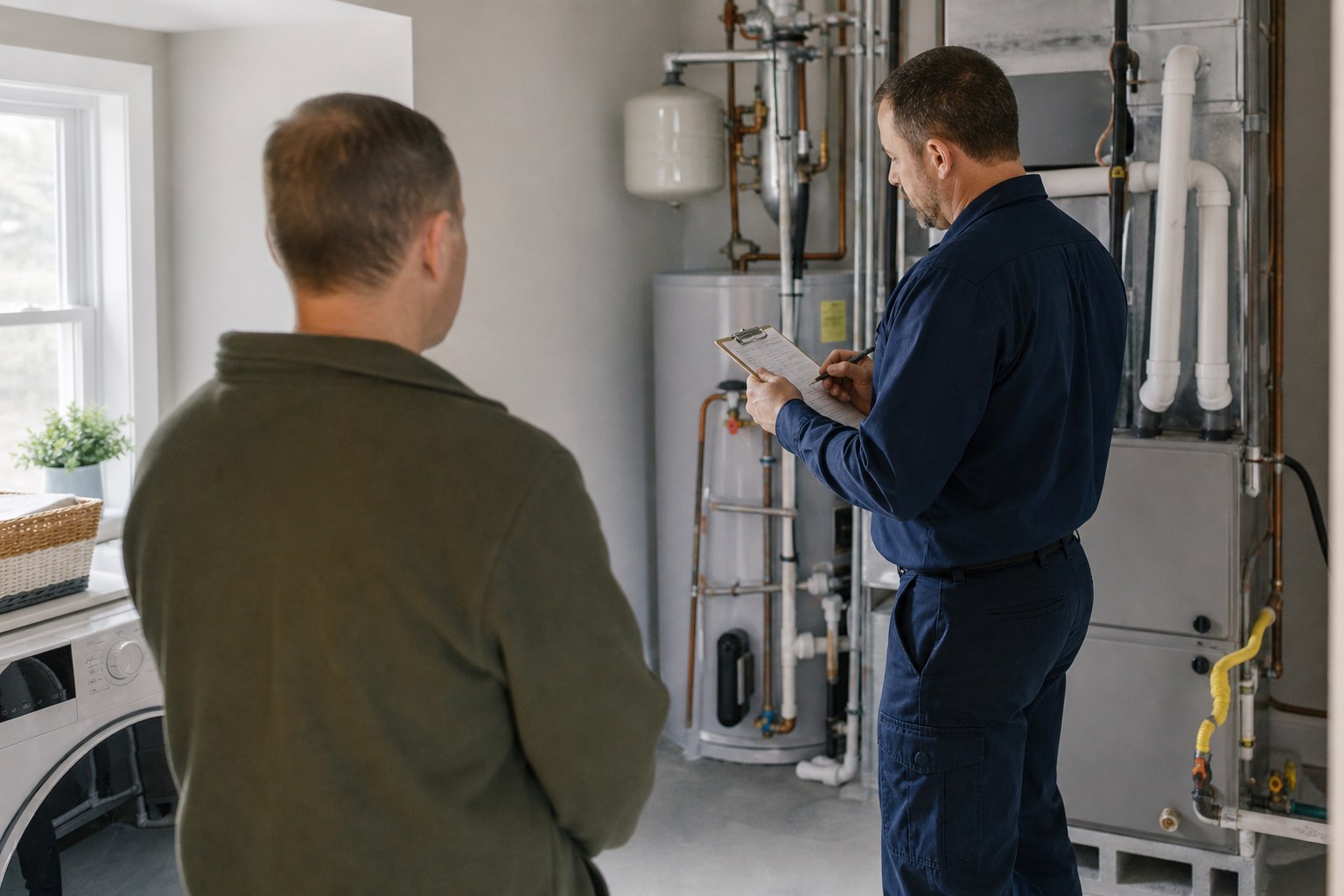 Home inspector reviewing a clipboard with a buyer in a utility room