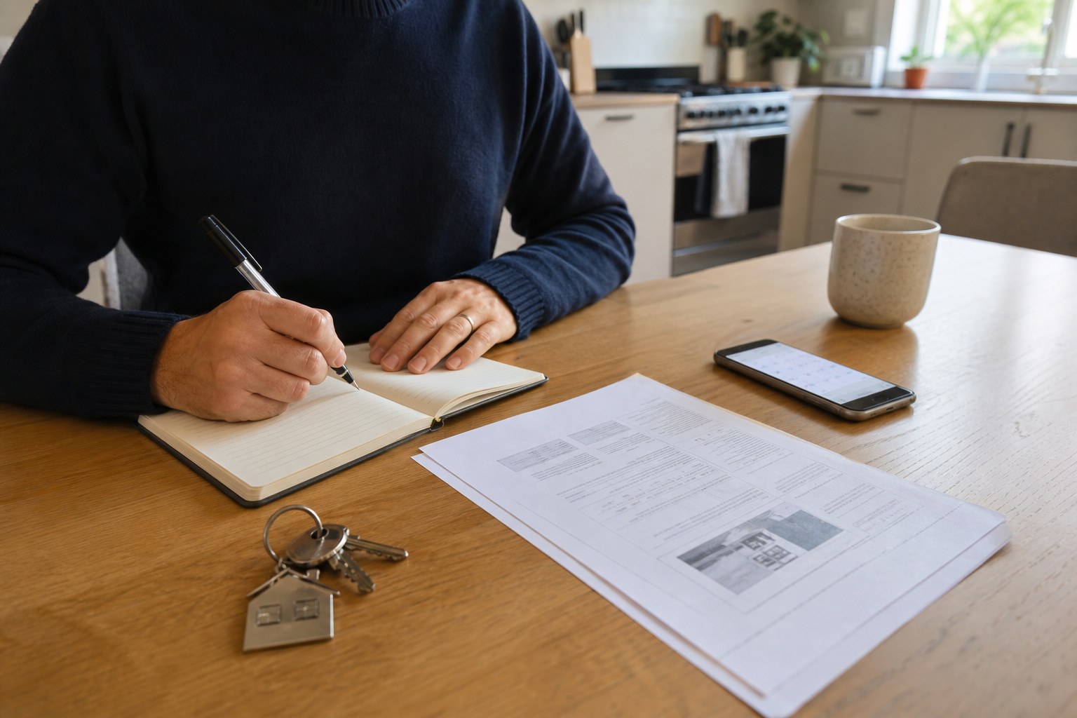Homebuyer writing inspection questions at a kitchen table with house keys