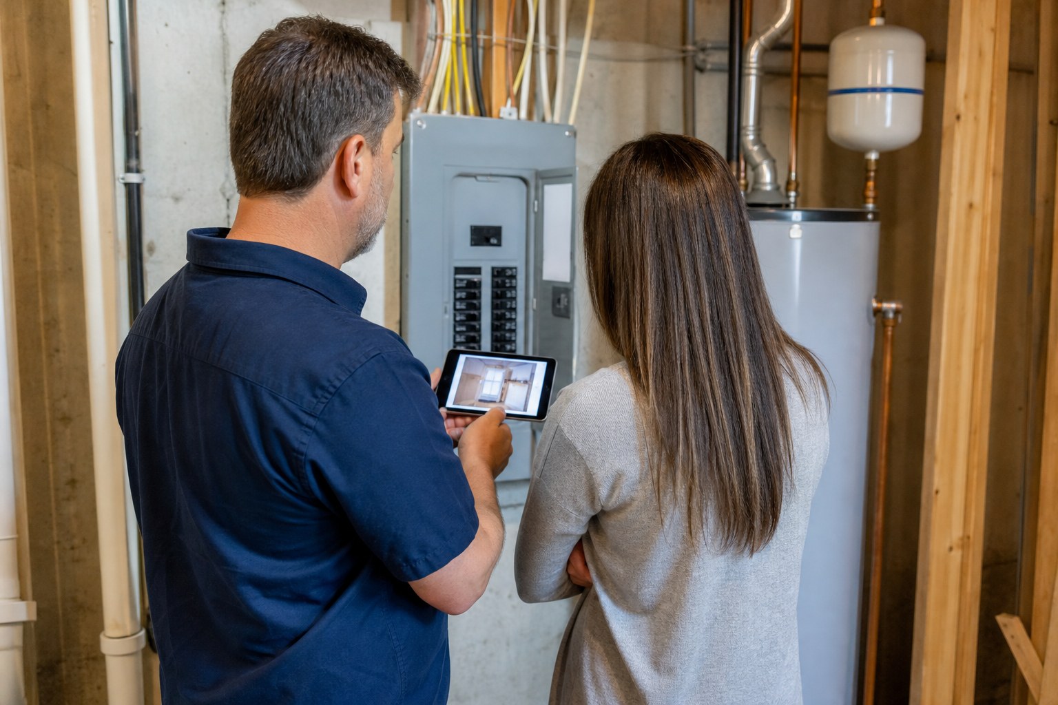 Inspector reviewing a tablet with a buyer beside an electrical panel and water heater