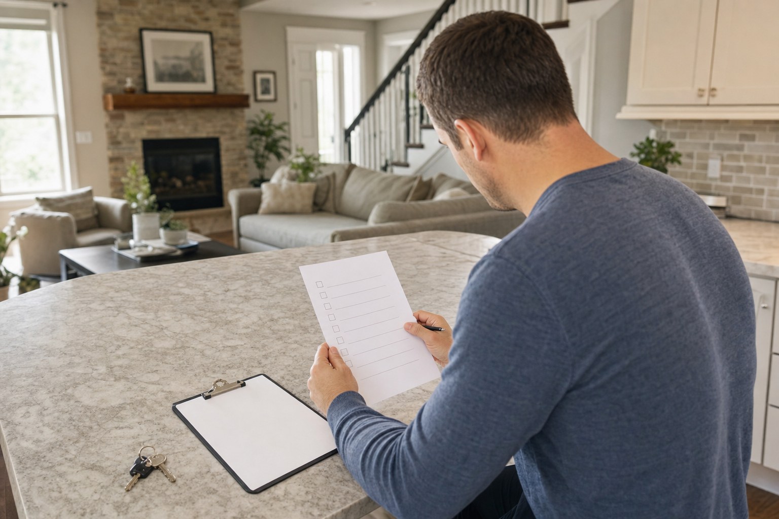 Homebuyer reviewing a checklist beside house keys and a clipboard