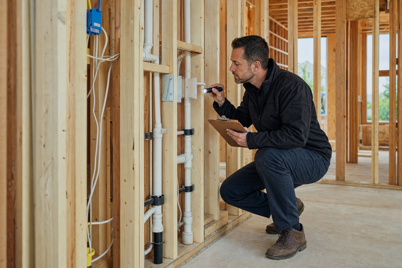 Home inspector reviewing a newly built home's exterior in Collegeville, Pennsylvania