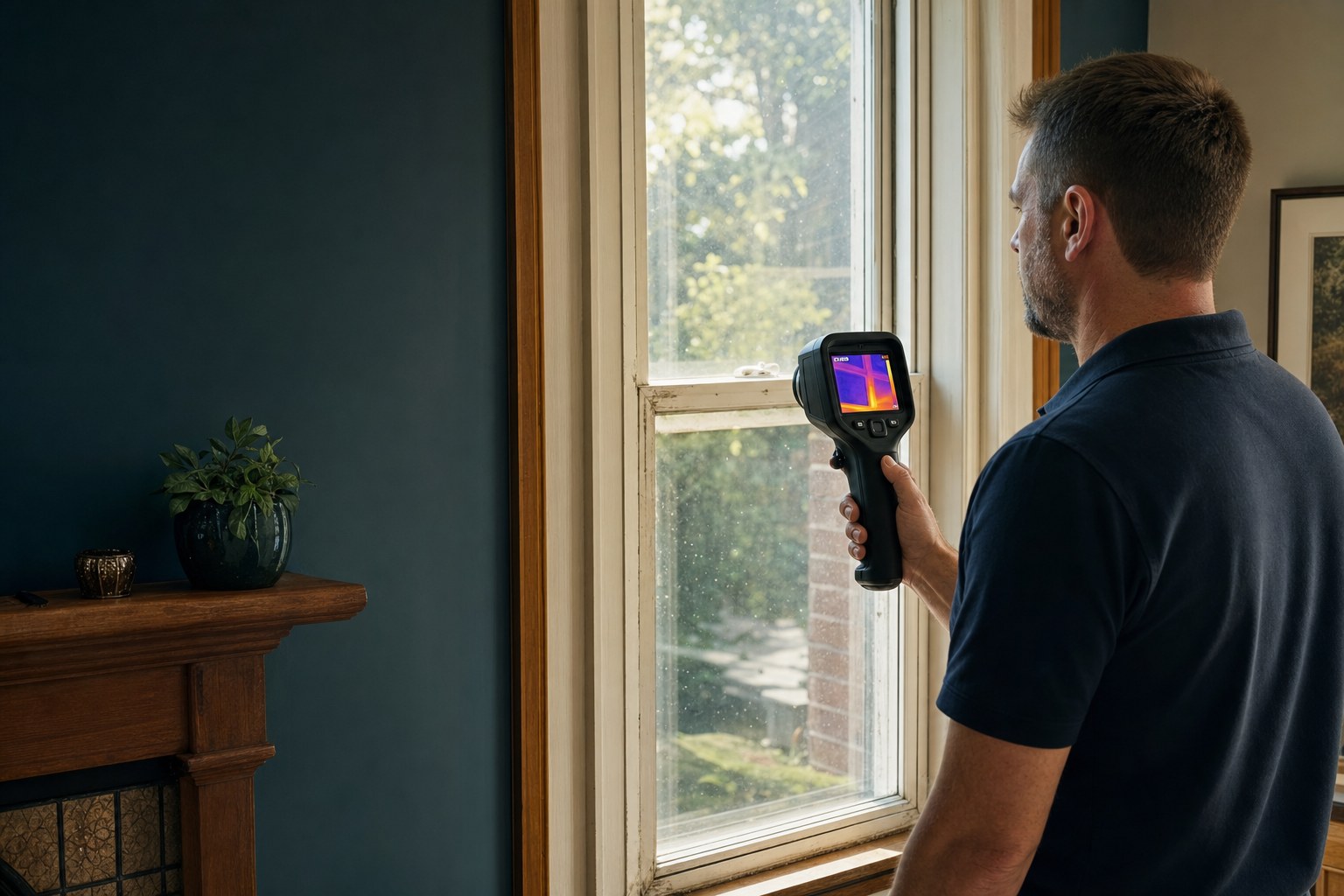 Home inspector using a thermal camera to check a window