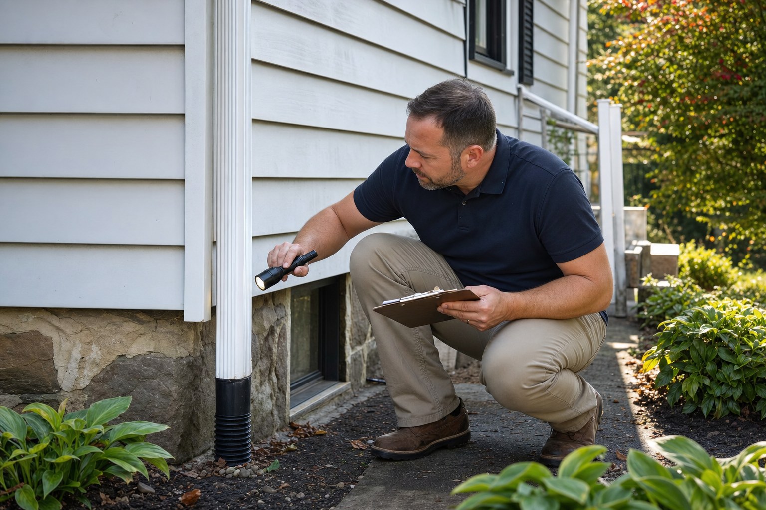 Home inspector checking the exterior of a house