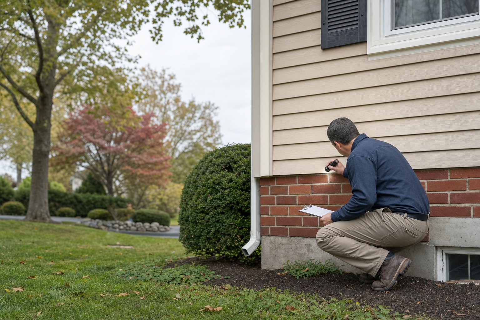 Home inspector checking a home's exterior in Pottstown, Pennsylvania