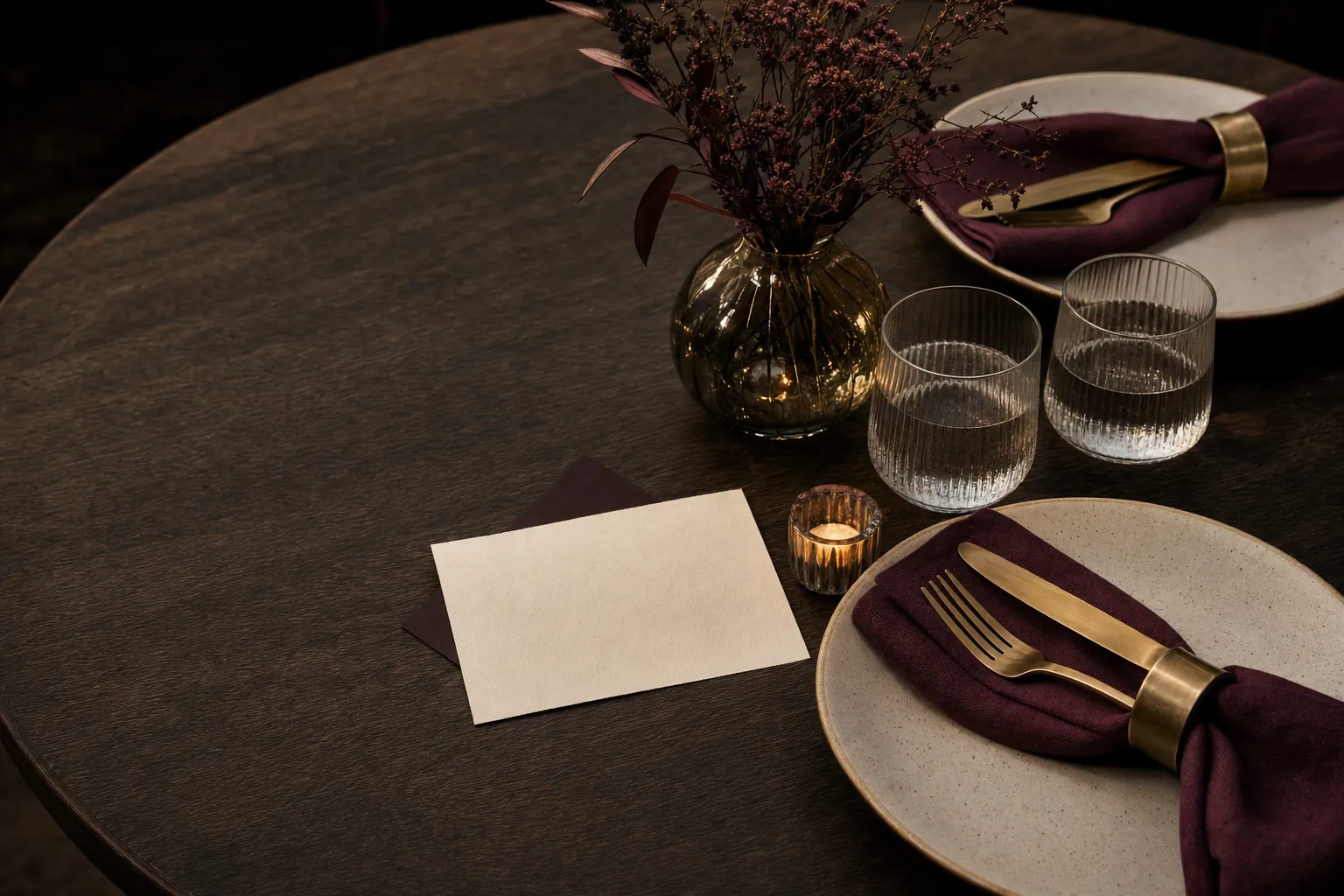 A candlelit table set for a relaxed evening, with place settings and a small vase