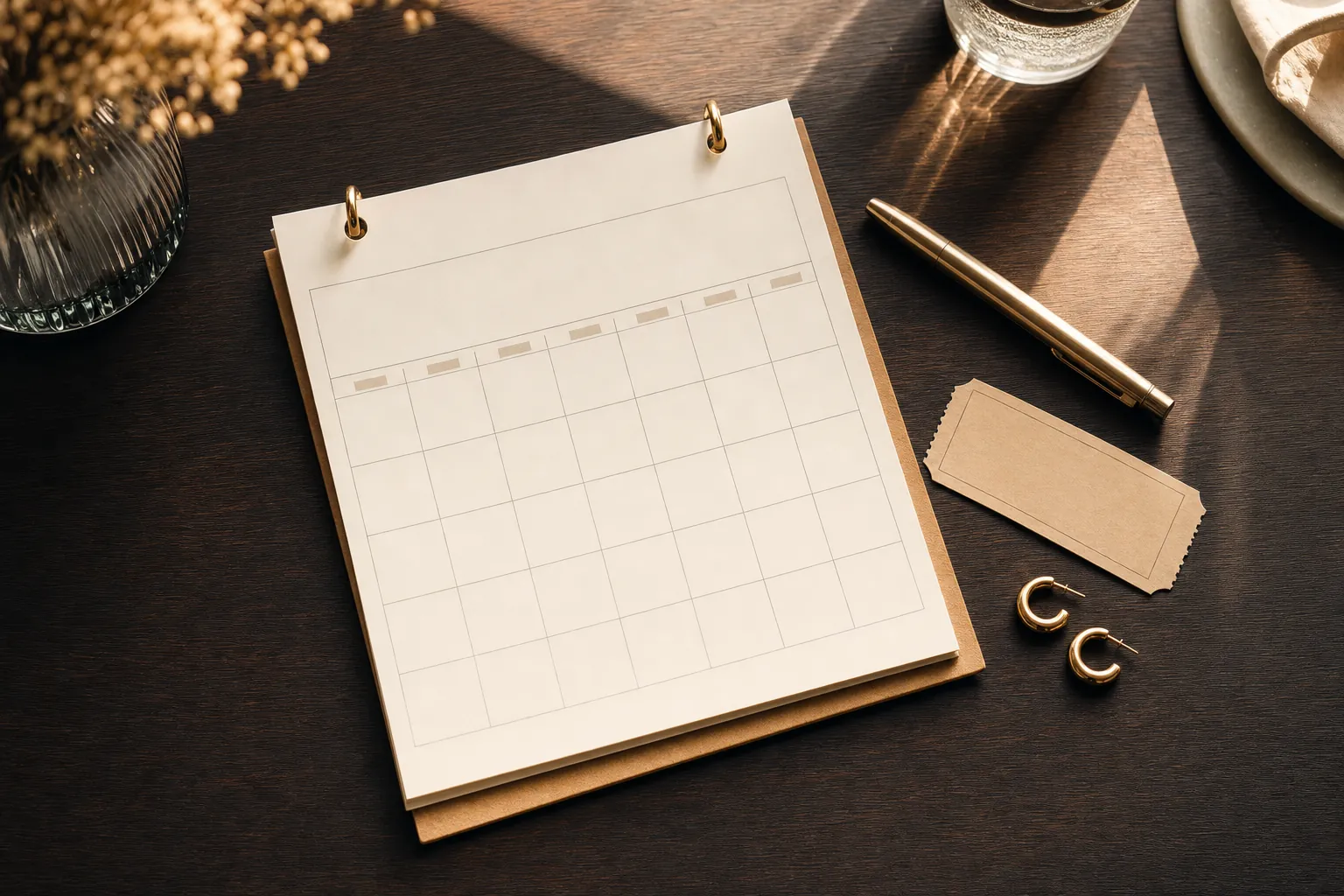 A blank paper calendar, ticket stub and pen arranged on a dark tabletop