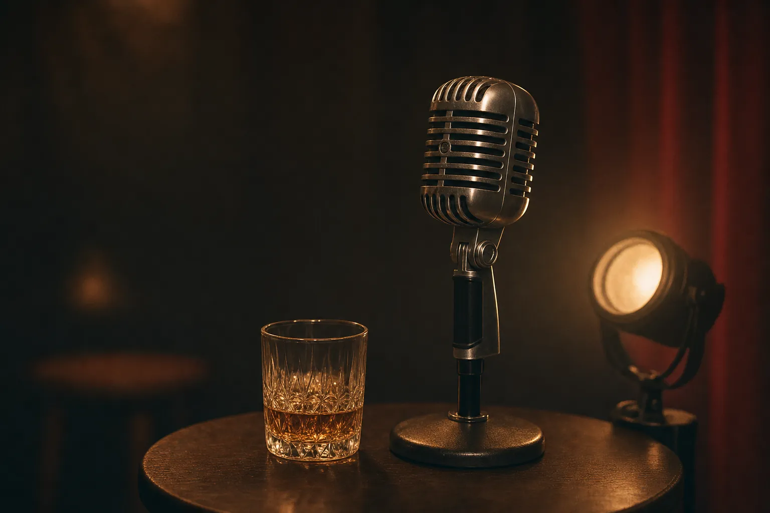 A vintage microphone and a drink under warm stage lighting