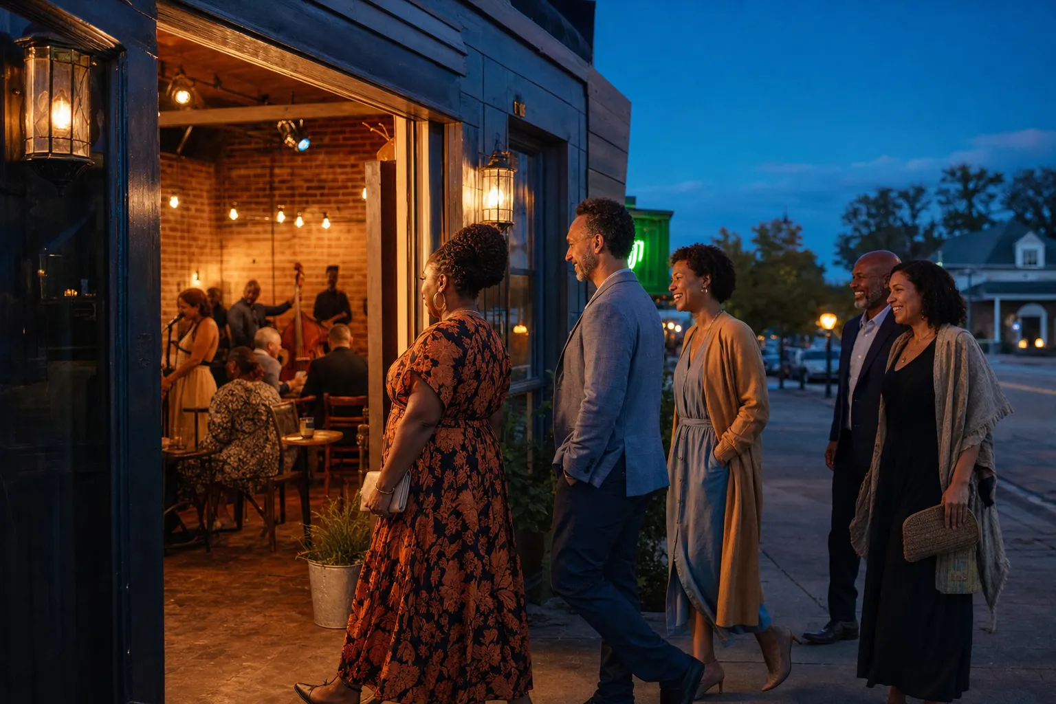 Friends arriving at a warmly lit live-music lounge at blue hour