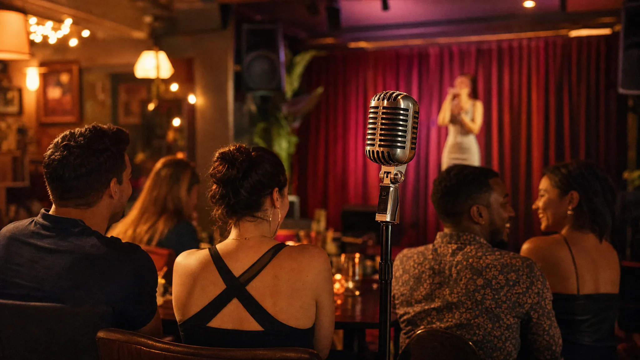 A vintage microphone in a warmly lit lounge before karaoke