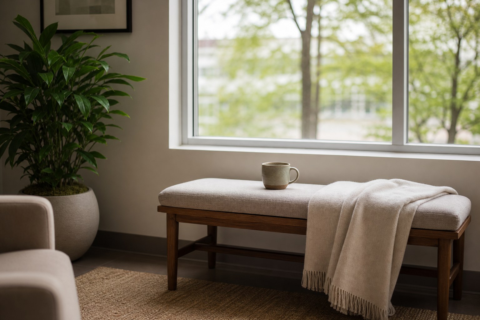 A quiet bench, folded blanket, and cup beside a sunlit counseling office window