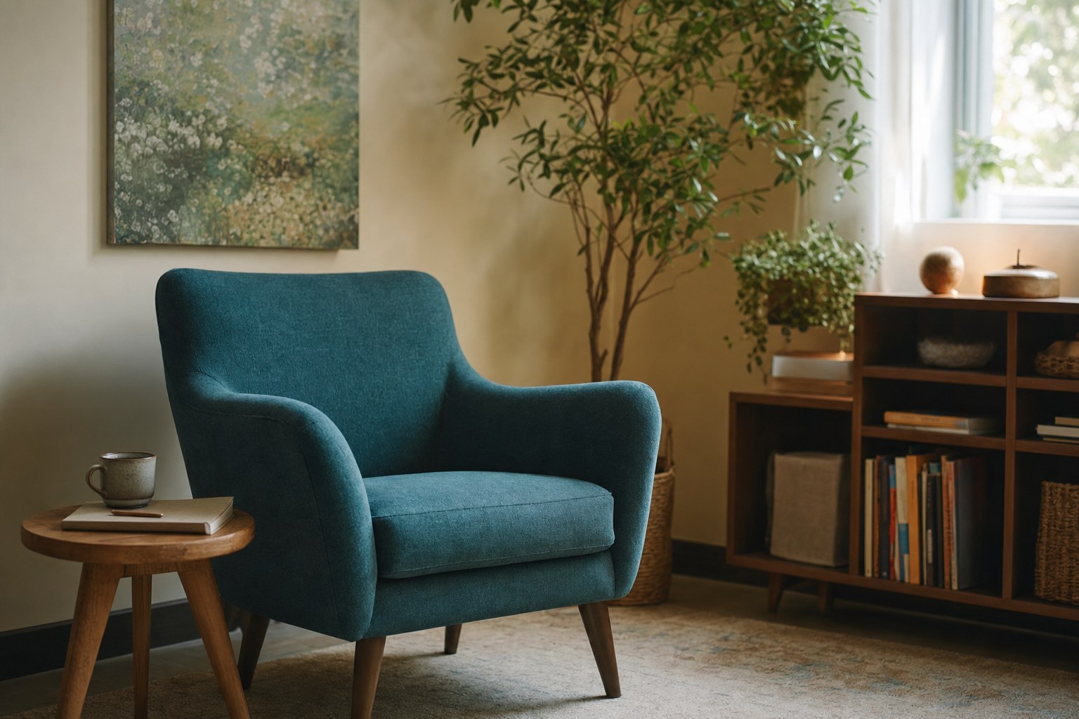 A teal armchair in a calm, sunlit counseling office