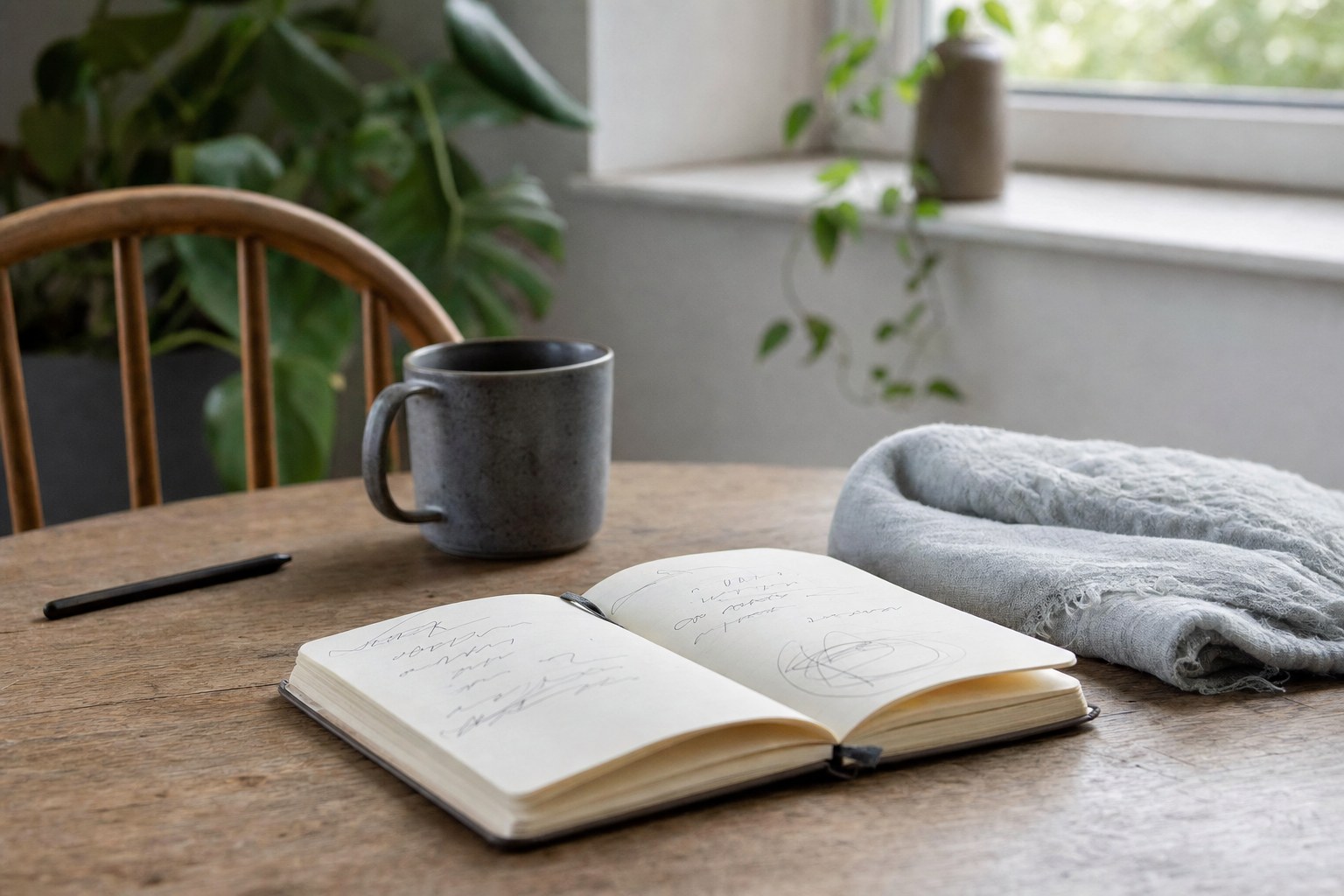 An open notebook and mug on a quiet table near a window