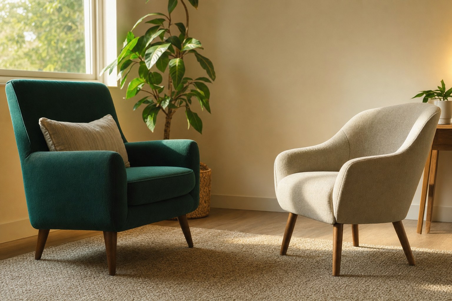 Two chairs prepared for a counseling conversation in a warm room