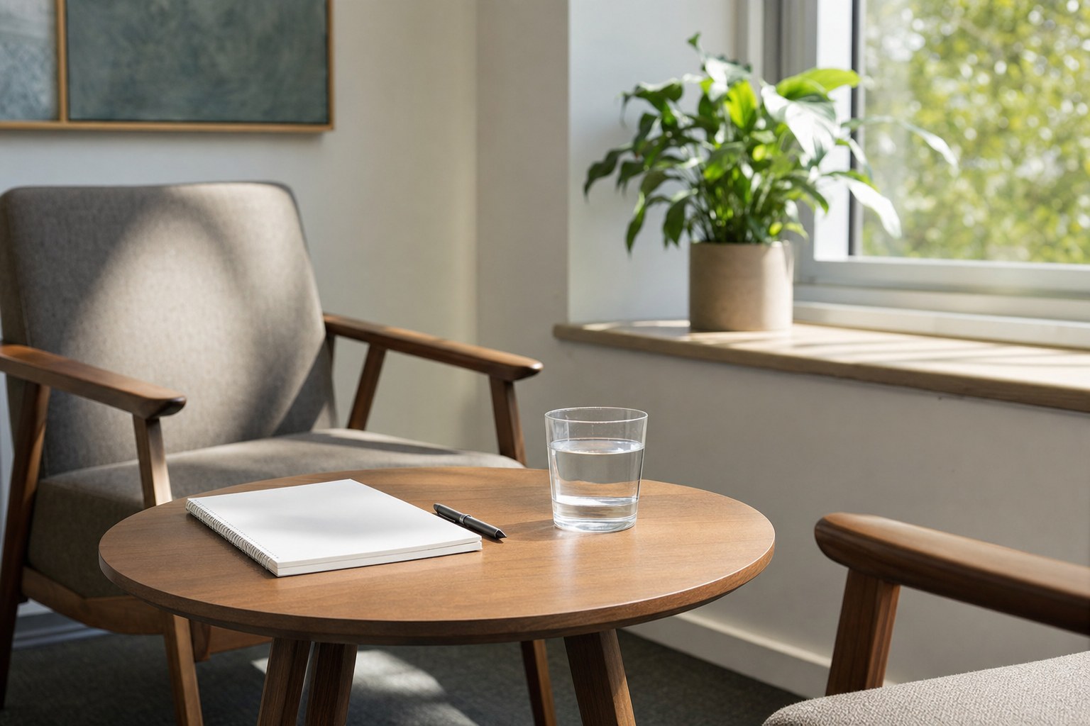 A notebook and glass of water on a small table in a counseling office