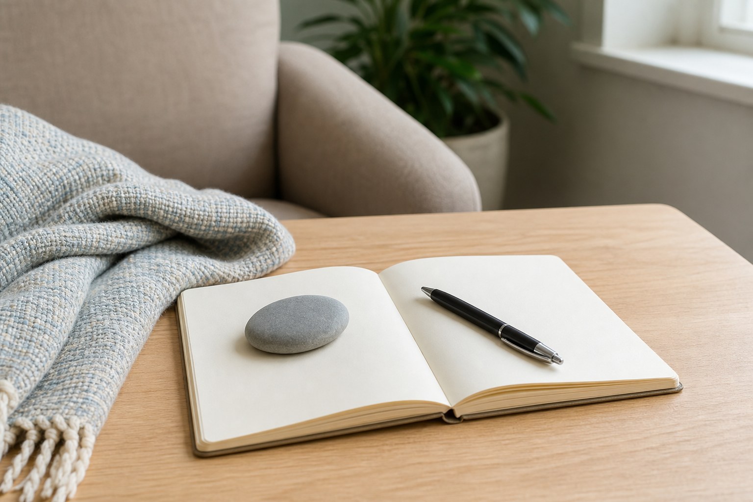 An open notebook, grounding stone, and soft blanket in a counseling office