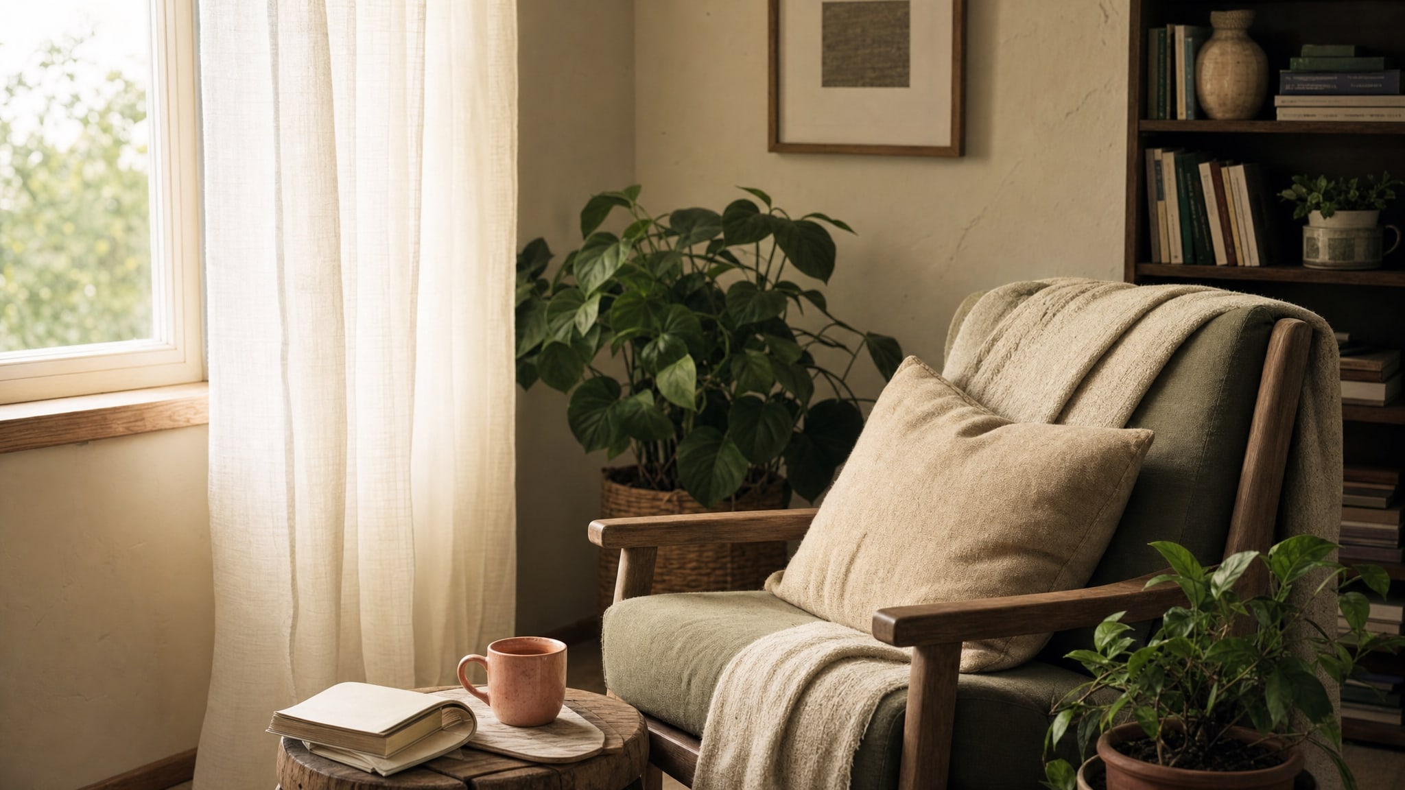 A quiet reading chair in a sunlit counseling space