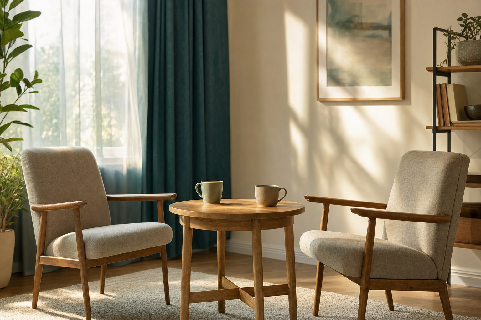 Two empty chairs and mugs around a small table in a counseling room