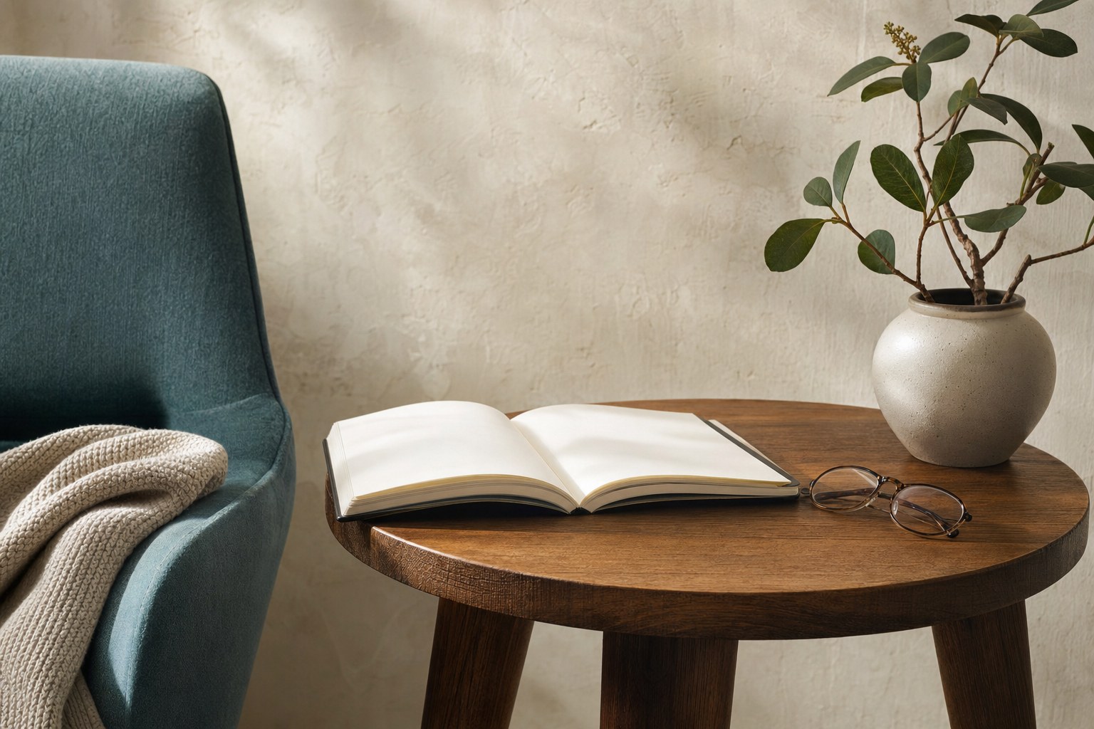 An open blank notebook and reading glasses on a wooden table