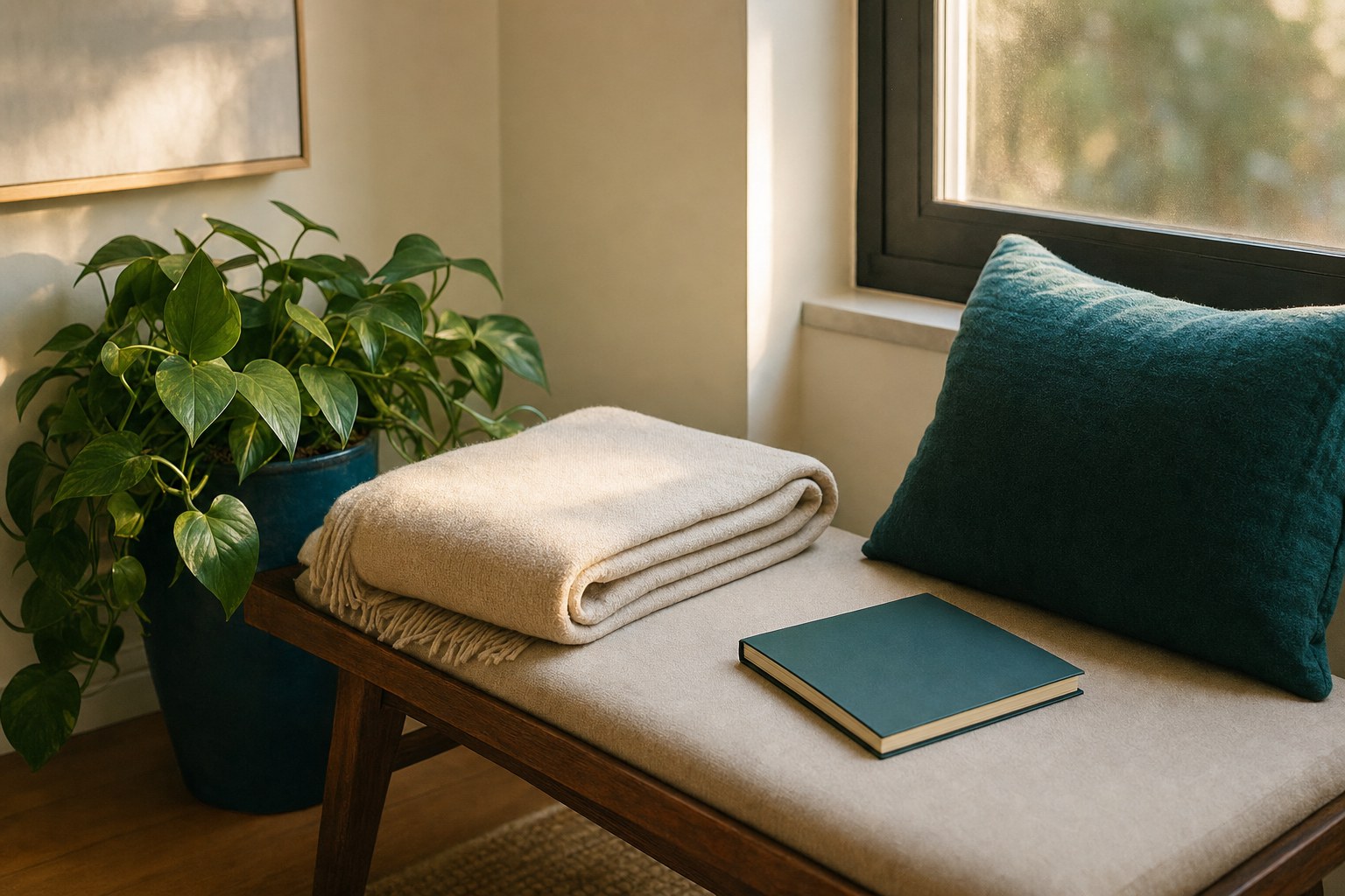 A folded blanket, teal cushion, and closed journal in a quiet corner