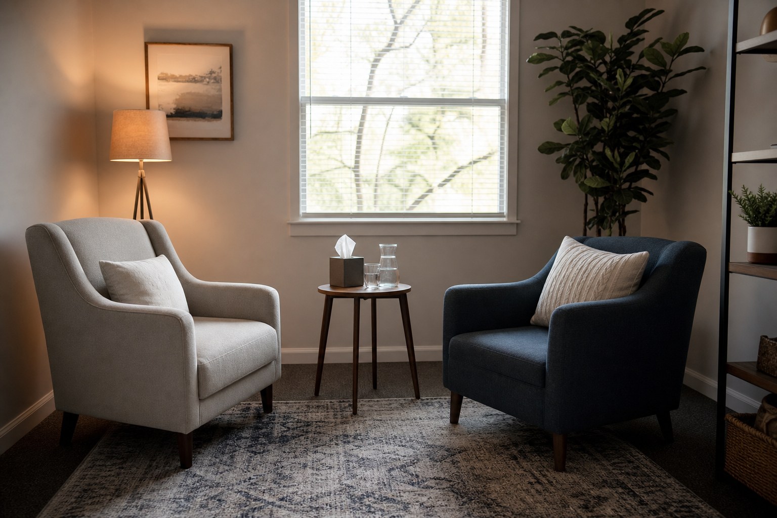 Two chairs and a small table arranged for a private therapy conversation