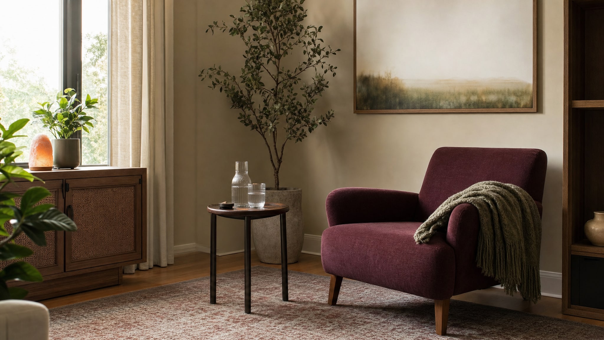A calm counseling chair in a warm therapy room