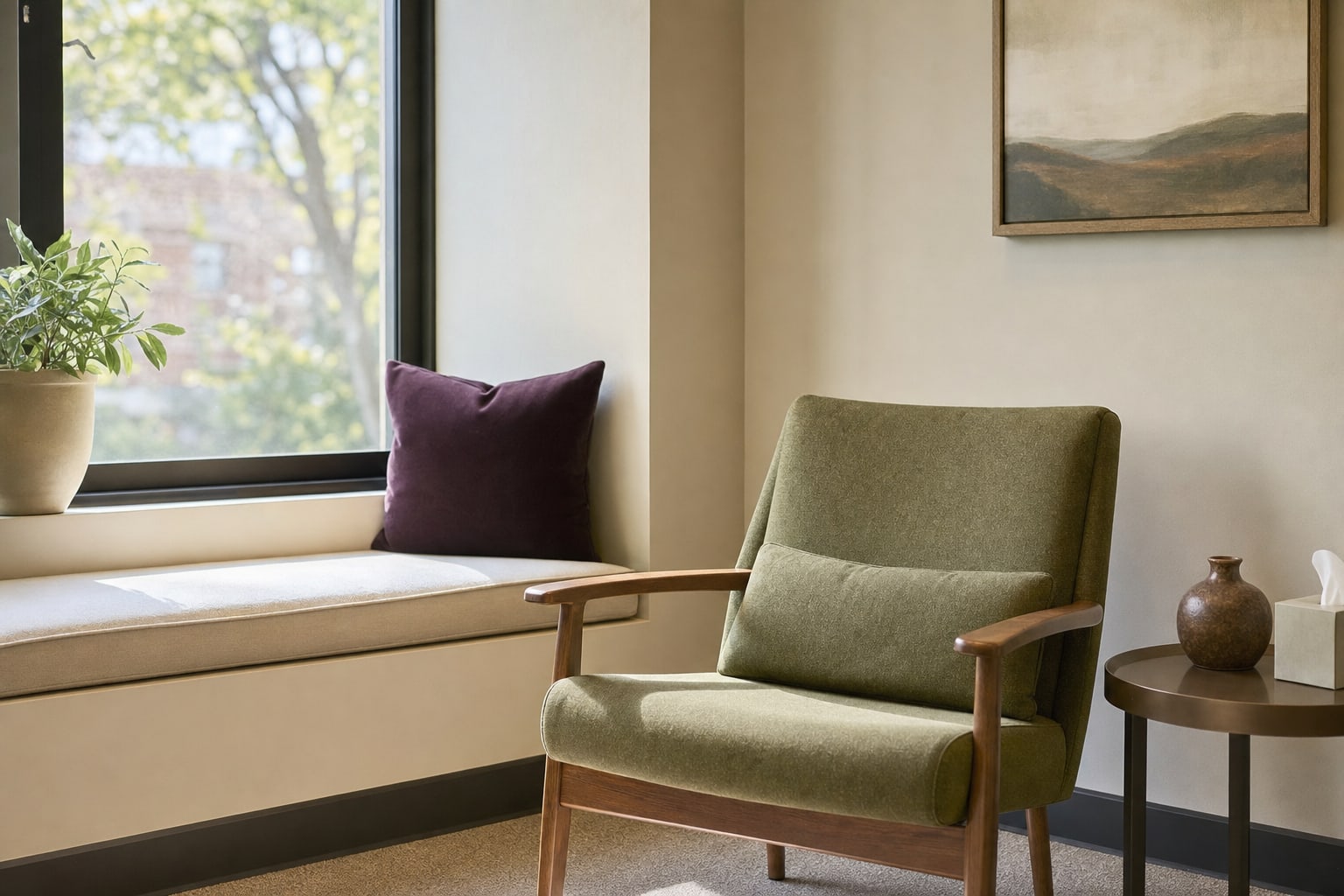 A green chair beside a sunlit window in a counseling office