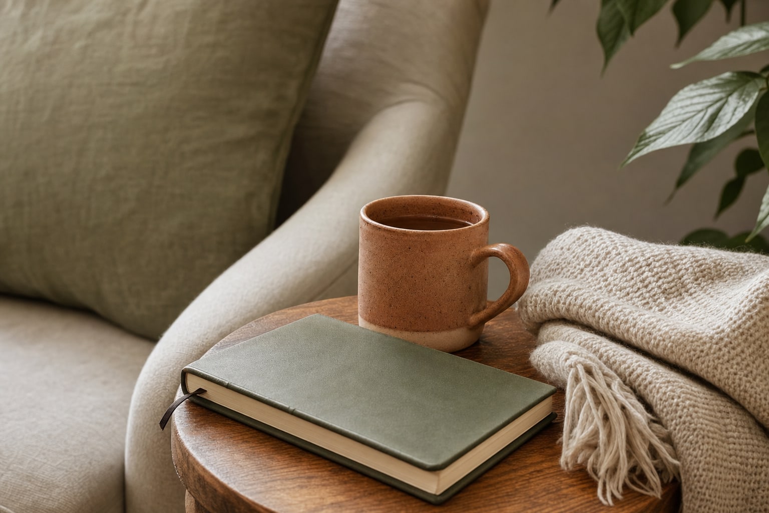 A journal, mug, and soft blanket arranged beside a chair