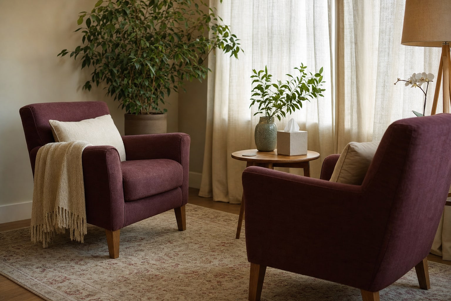Two counseling chairs in a warm, sunlit therapy room