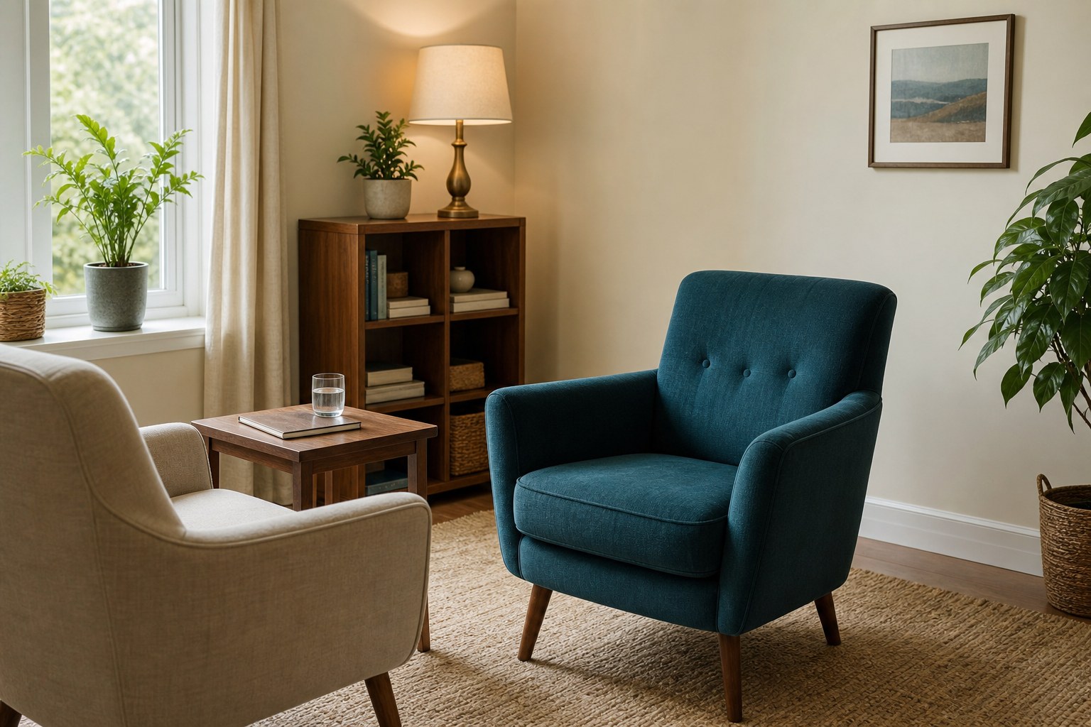 A quiet counseling room with two chairs prepared for a therapy session