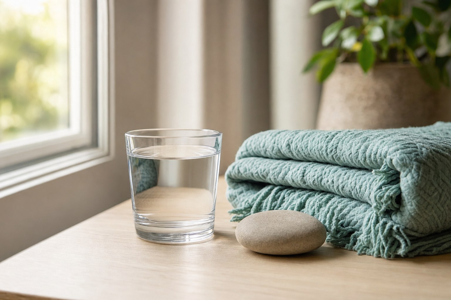 A glass of water, folded teal blanket, and smooth stone beside a window