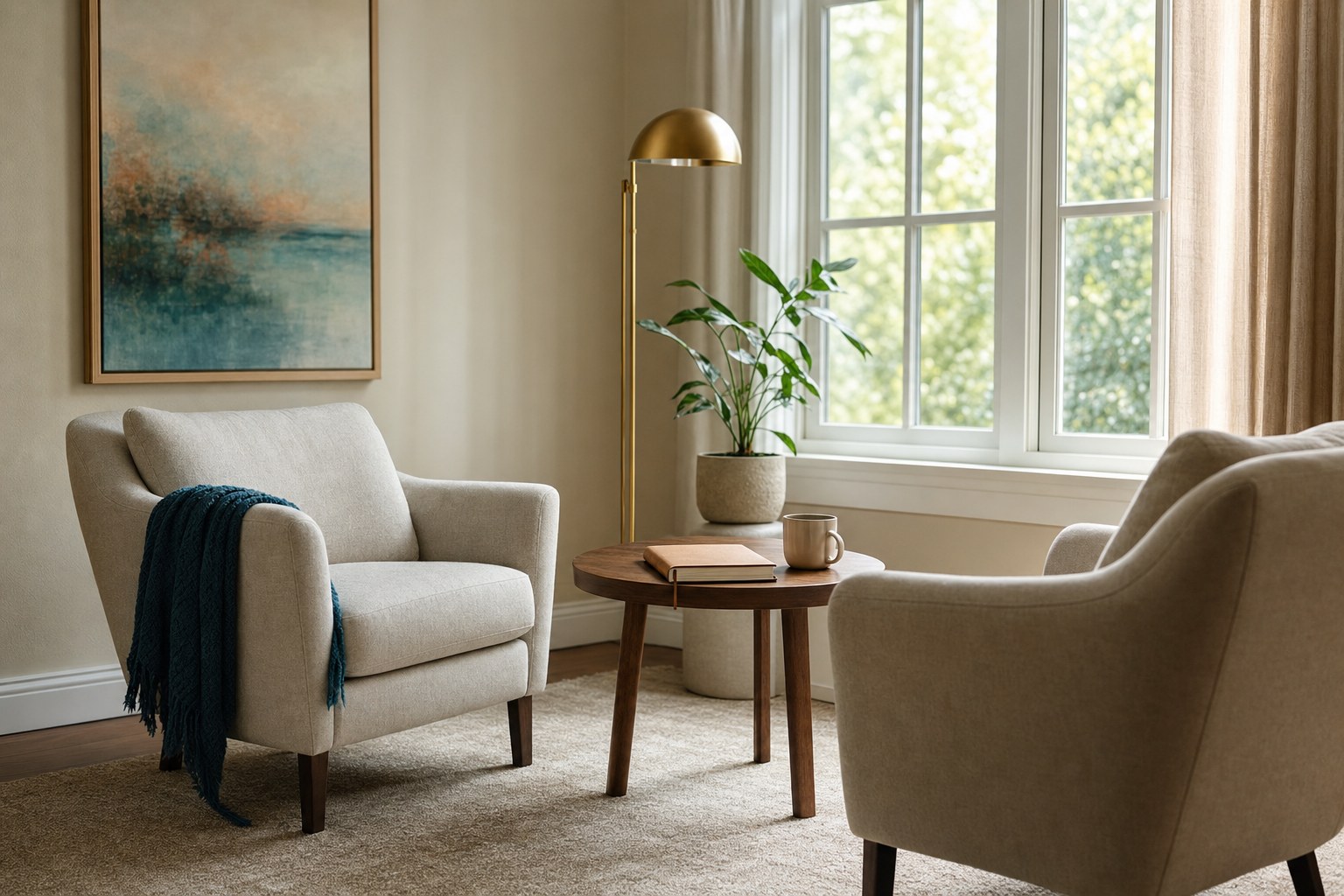 Two empty chairs in a warm, sunlit counseling office