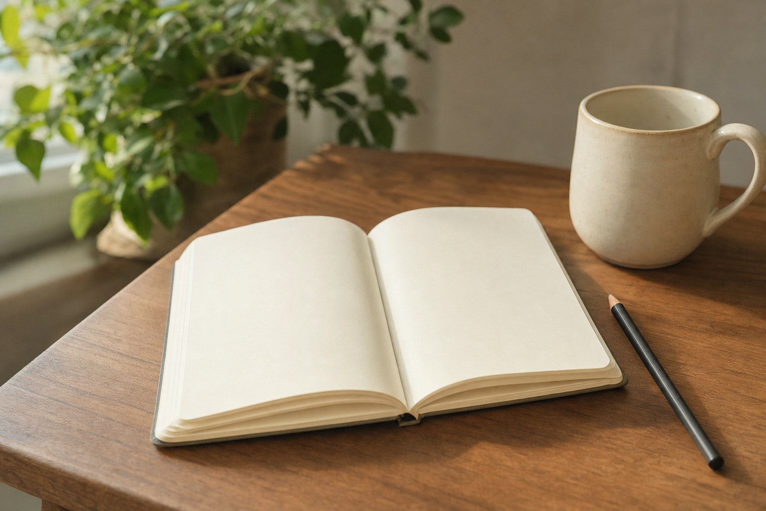 An open unmarked notebook and pencil on a warm wooden desk