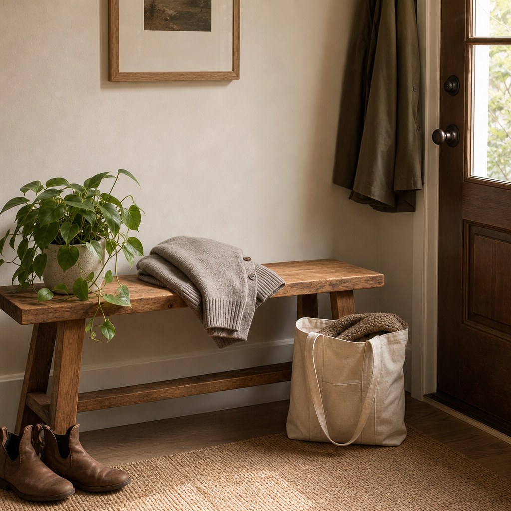 A simple wooden bench in a warmly lit entryway